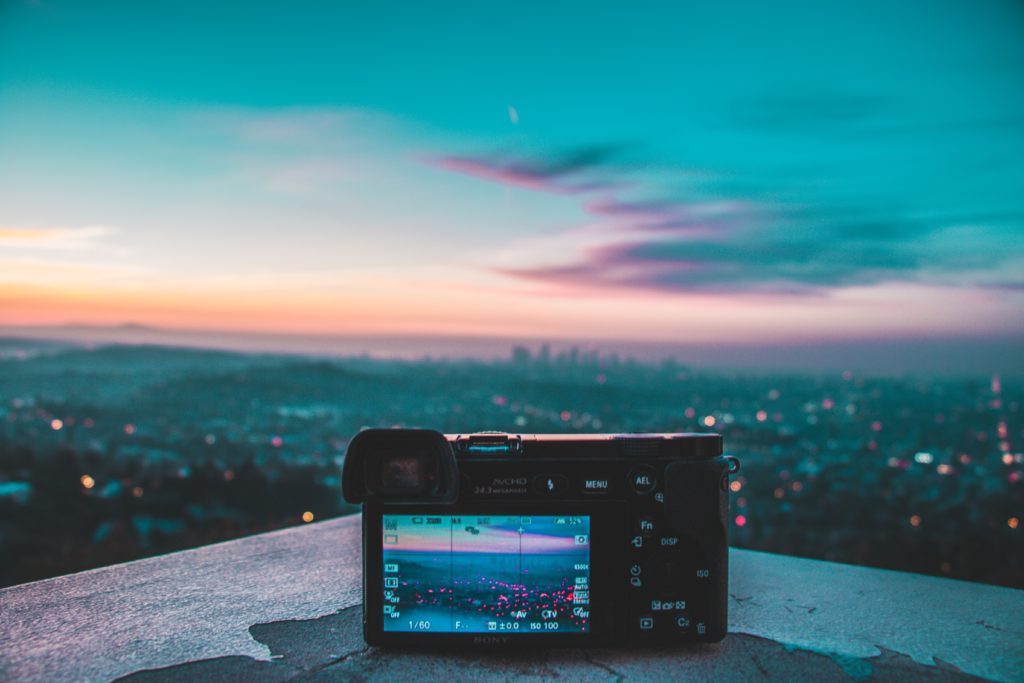 Camera in front of a sunset