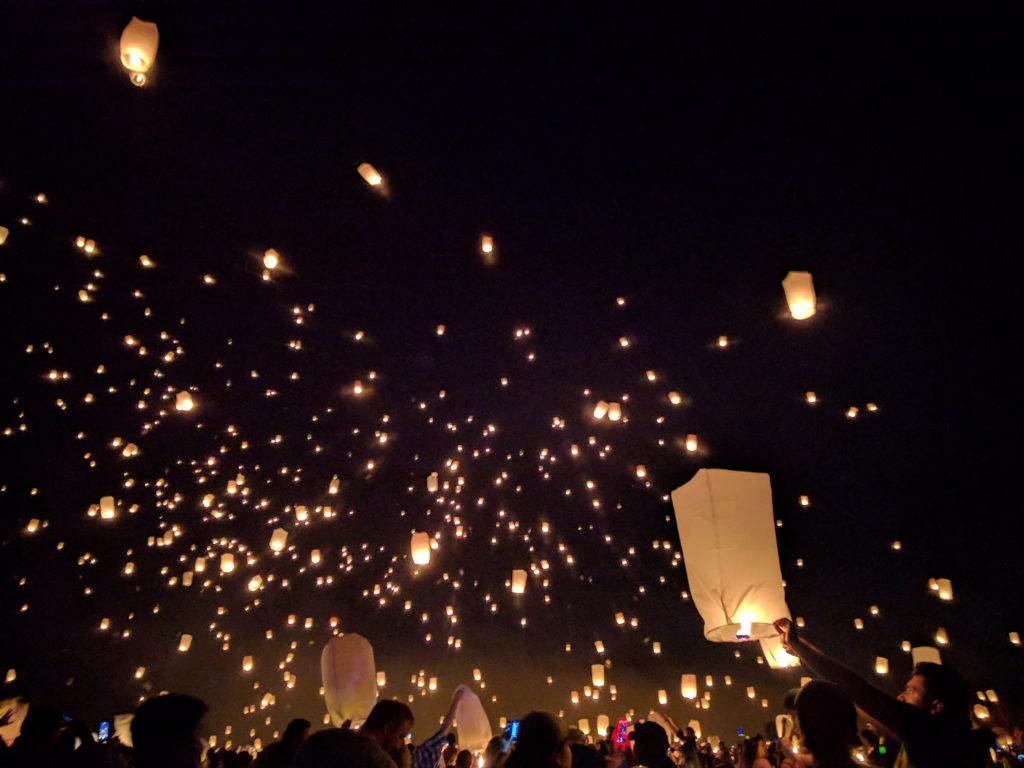 Floating lanterns at night