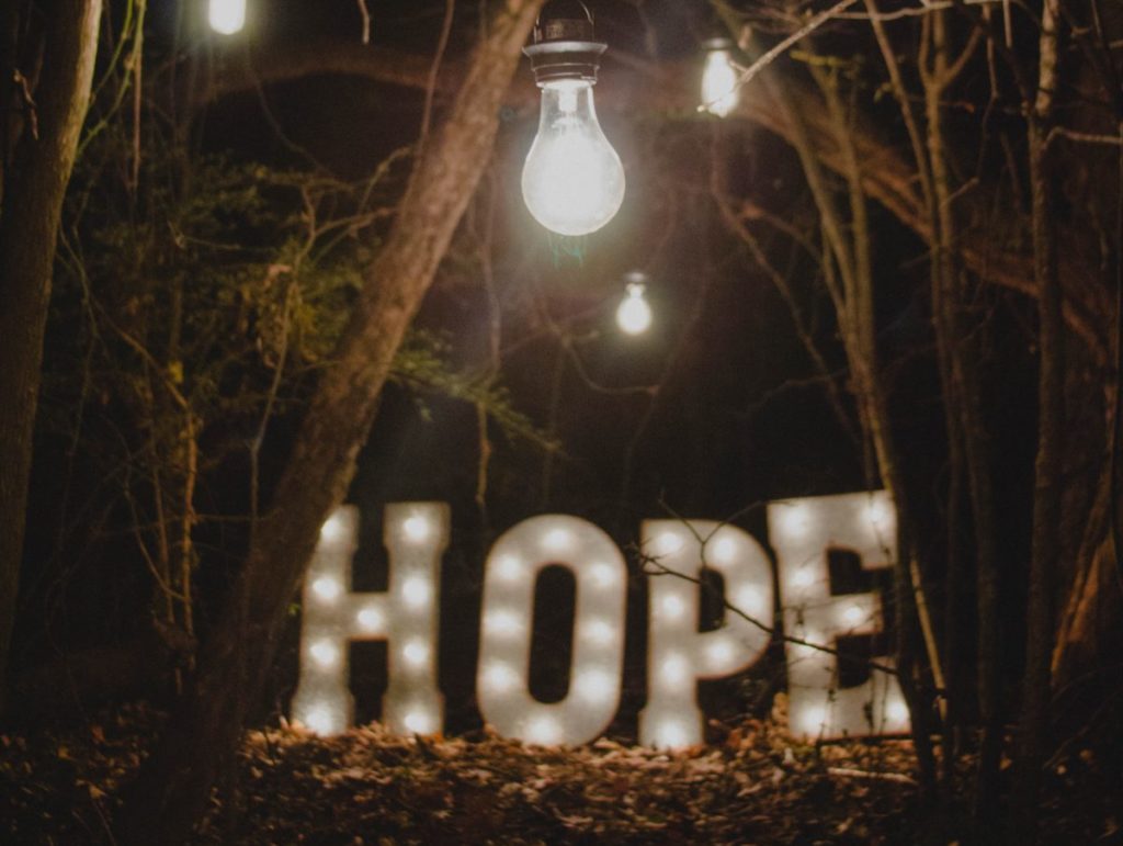 The word hope in lights.