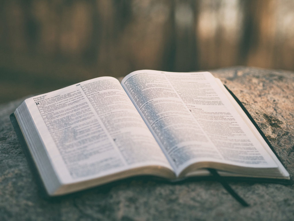 Open Bible on rock outside