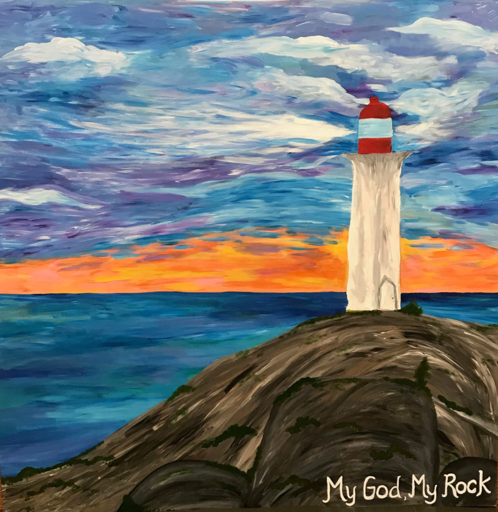 painting of lighthouse with sunset